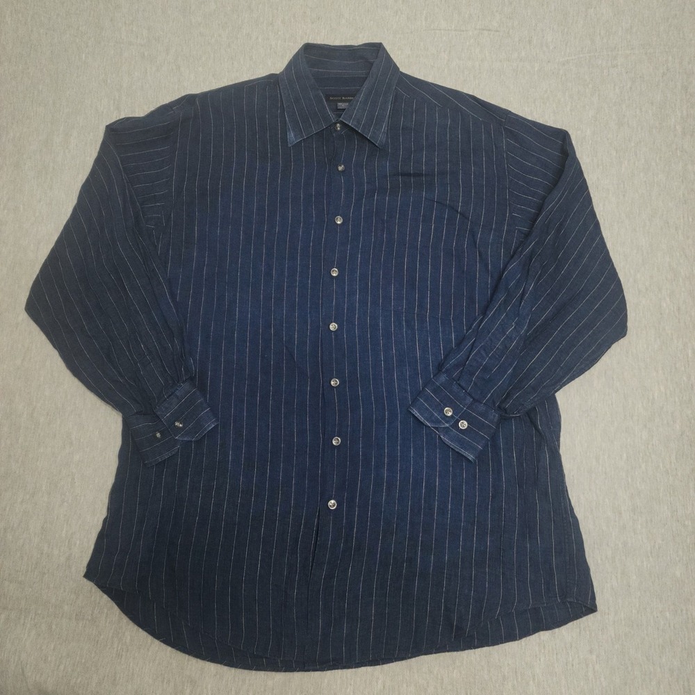 Scott Barber Mens L Blue White Pinstripe Long Sleeve 100 Percent Linen Shirt